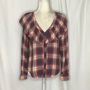 Mossimo Western Coastal Cowgirl Plaid Ruffle Button Down Flannel Shirt Size XS